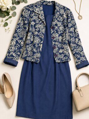 Pendleton Petite 2 Piece Dress Suit Blue Floral Rayon Jacket & Sheath Dress Size
